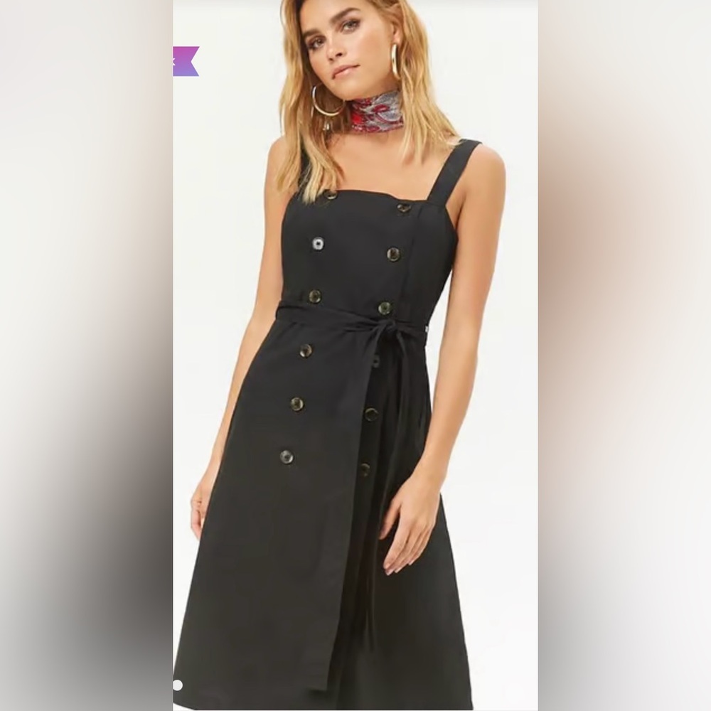 NWT Forever 21 LBD Black Button Down Belted Dress Size Large Office Party Summer